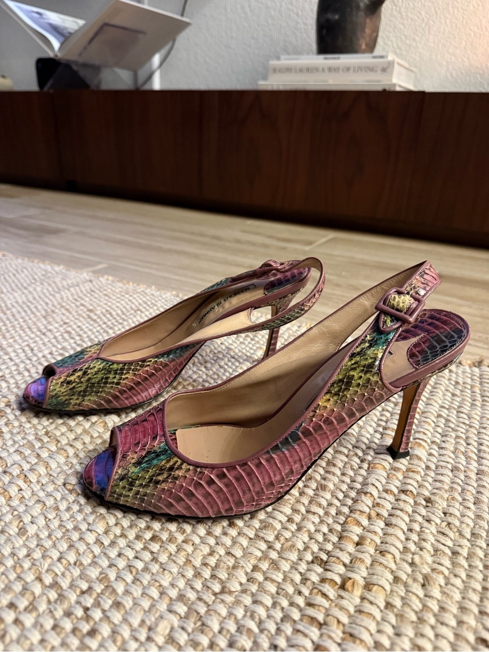 Vintage Manolo Blahnik Snakeskin Slingback Heels | Peep-Toe Pumps | Size 39.5
